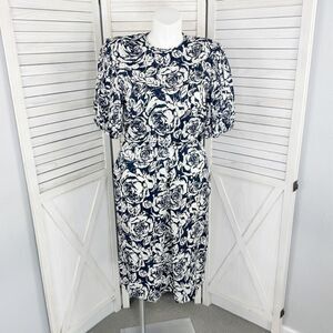 Vintage Henry Lee Floral Satin Jacquard Pleated Puff Sleeve Dress Blue White 12